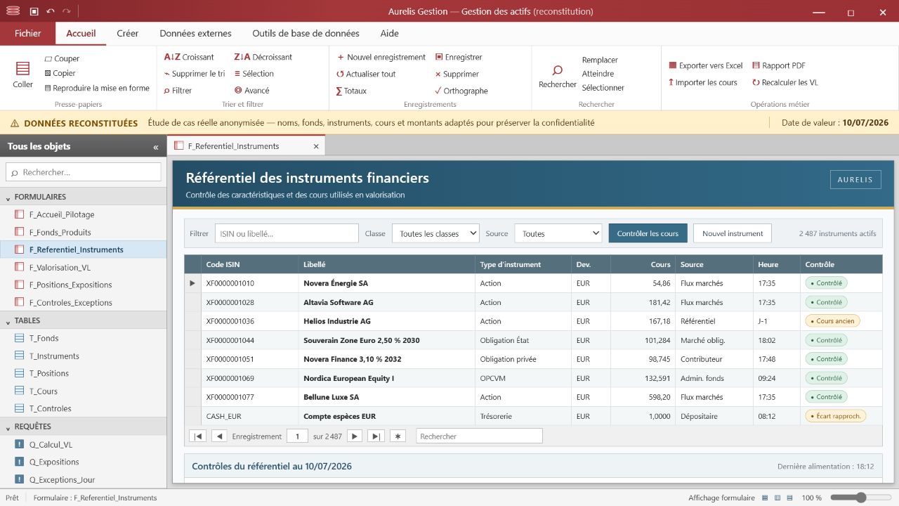 Écran Access reconstitué du référentiel des instruments financiers avec code ISIN, catégorie et devise