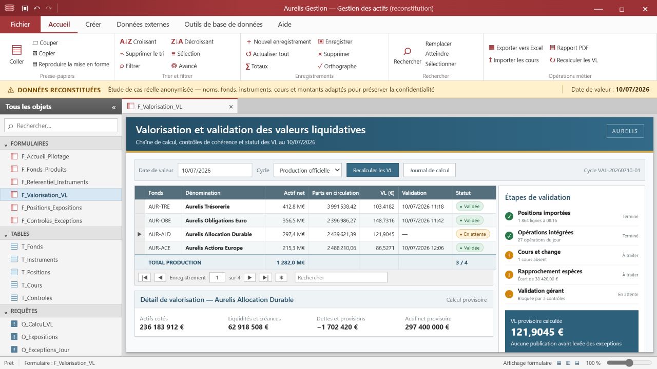Formulaire Access reconstitué de saisie d’une valorisation avec date, valeur liquidative et contrôles