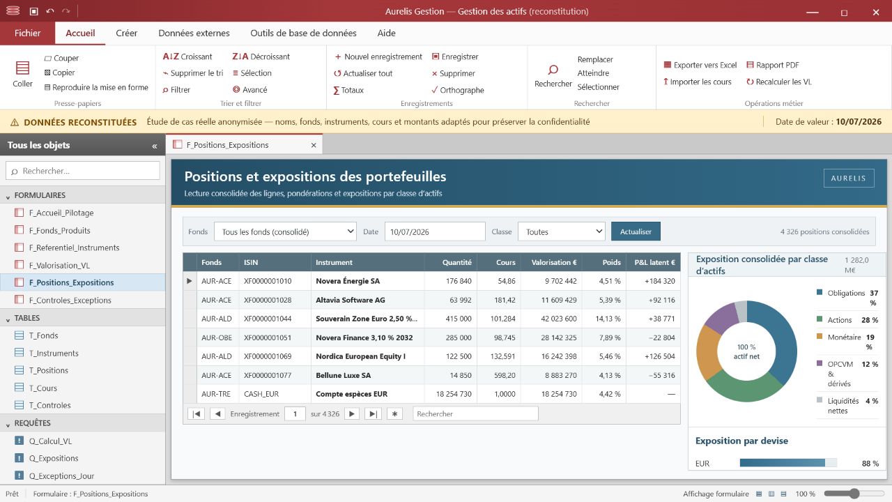 Écran Access reconstitué des positions d’un portefeuille avec quantités, cours et valeurs de marché