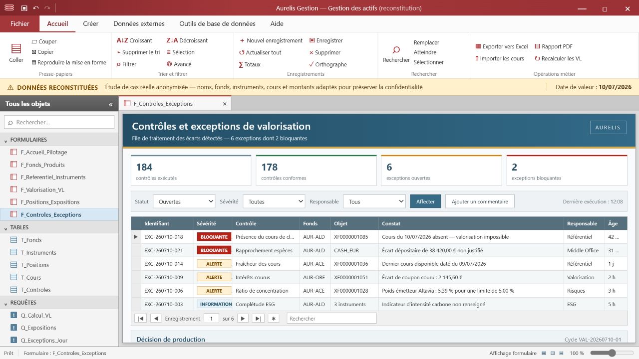 Écran Access reconstitué listant les alertes de conformité et les contrôles de cohérence à examiner