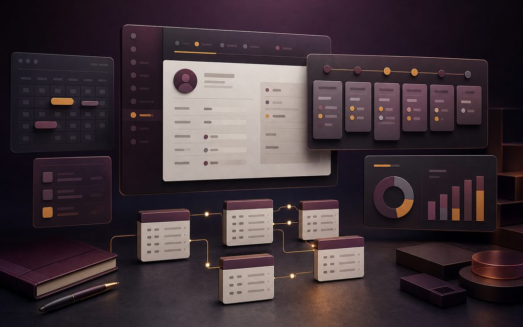 Illustration conceptuelle d’un CRM Access reliant clients, opportunités, relances, devis et indicateurs