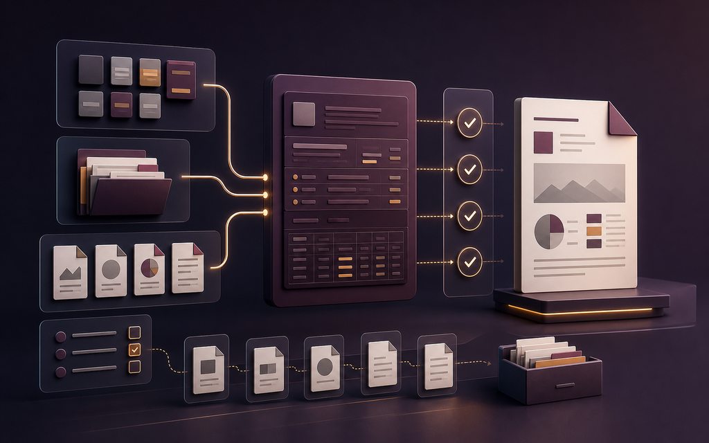 Illustration conceptuelle d’une application de dossiers contrôlant des pièces puis générant un rapport