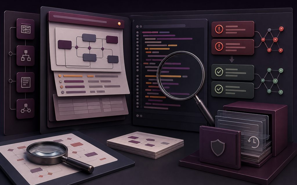 Comparaison conceptuelle entre une application Access fragile et une architecture corrigée, testée et documentée
