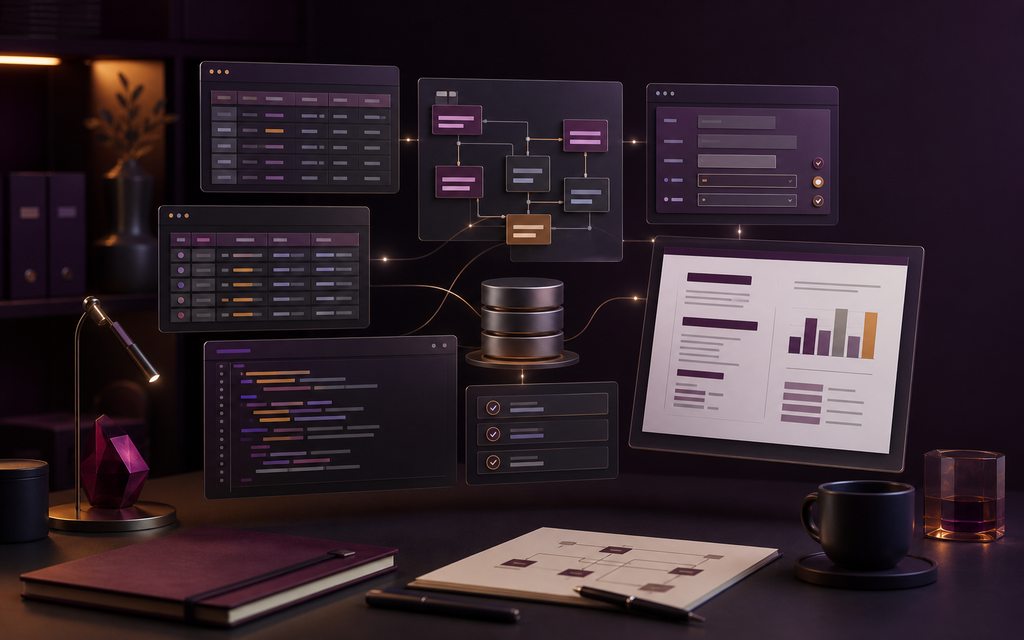 Application de bureau conceptuelle reliant tables, règles métier, formulaire, contrôles, automatisation et rapport