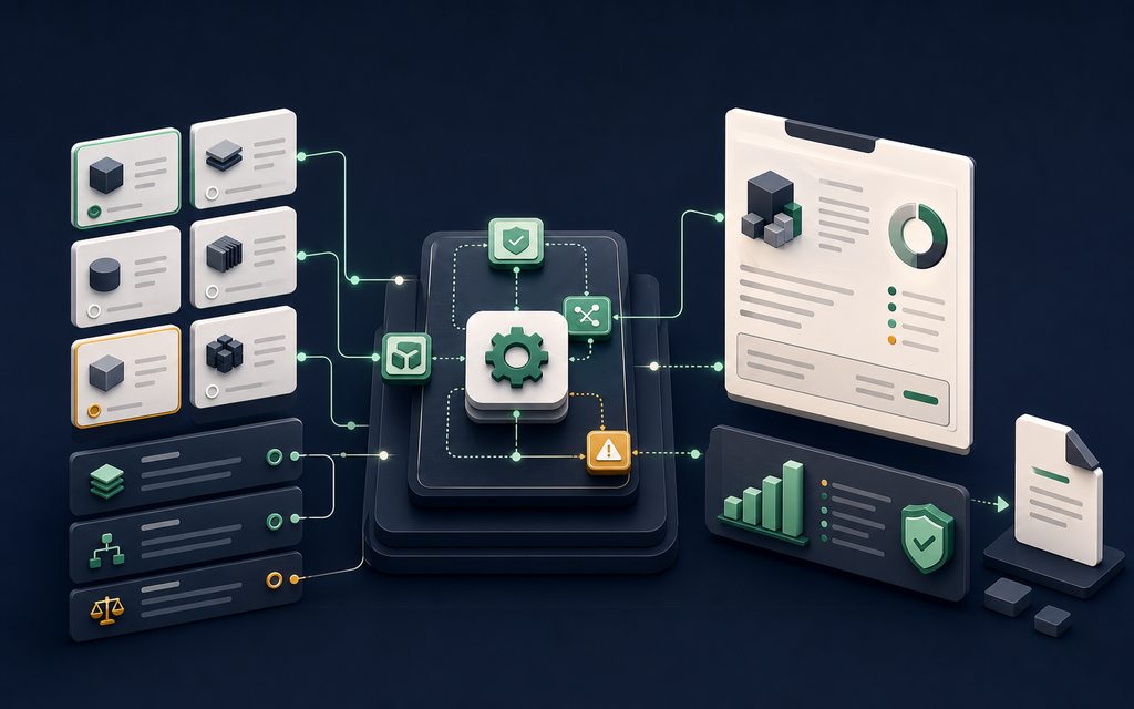 Illustration conceptuelle d’options commerciales traversant un moteur de règles pour produire un devis validé