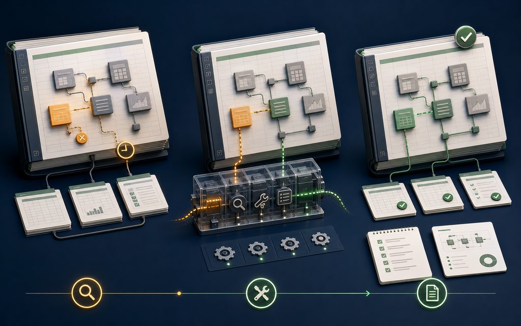 Illustration conceptuelle du diagnostic puis de la stabilisation d’un classeur Excel automatisé