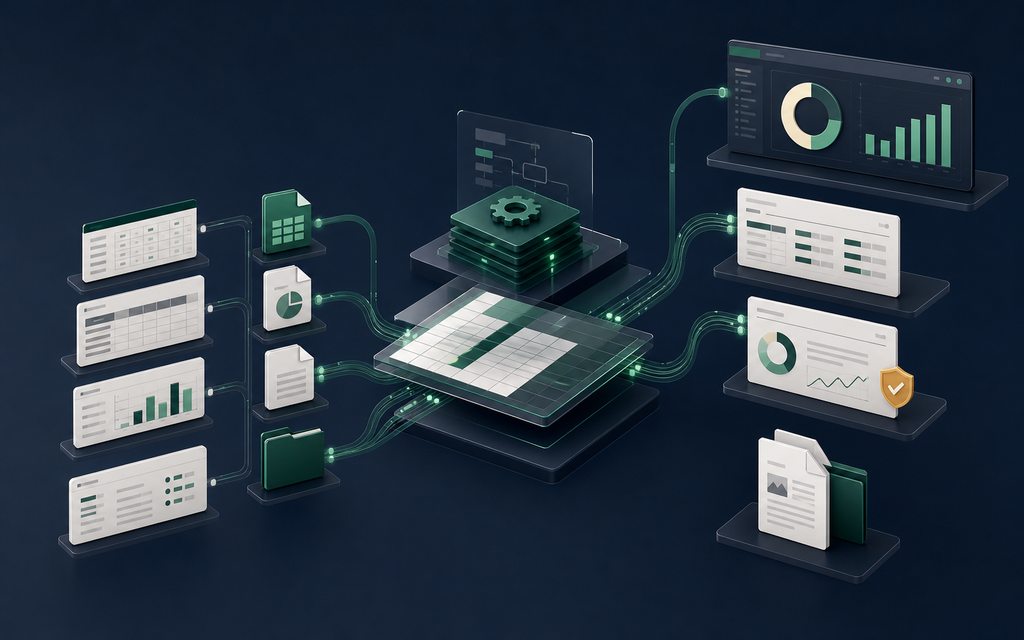 Flux conceptuel reliant des sources de données, un outil Excel structuré, une automatisation et des restitutions de pilotage