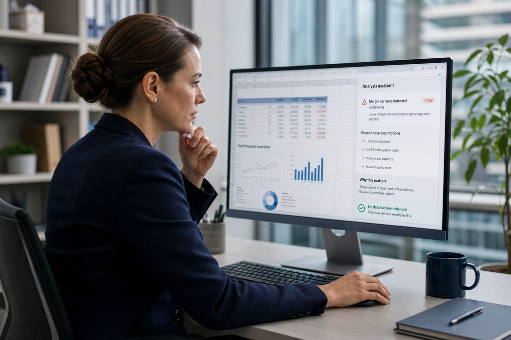 Responsable financière relisant les hypothèses proposées par un assistant d’analyse avant toute modification du tableur.