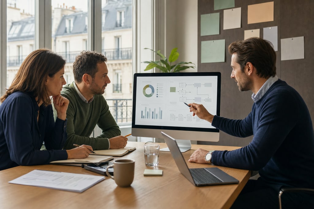 Deux responsables d’entreprise examinent avec un consultant un tableau de bord et le schéma d’un processus métier sur un écran.