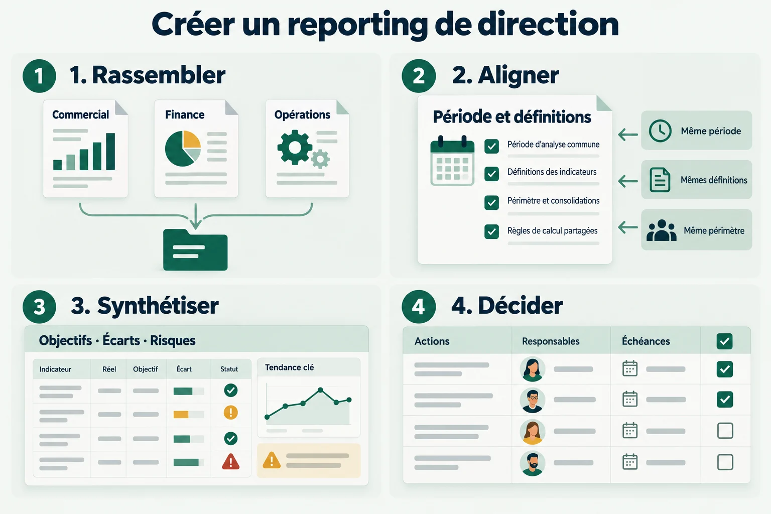 Créer un reporting direction : rassembler, aligner, synthétiser, décider. Illustration pédagogique générée par IA.