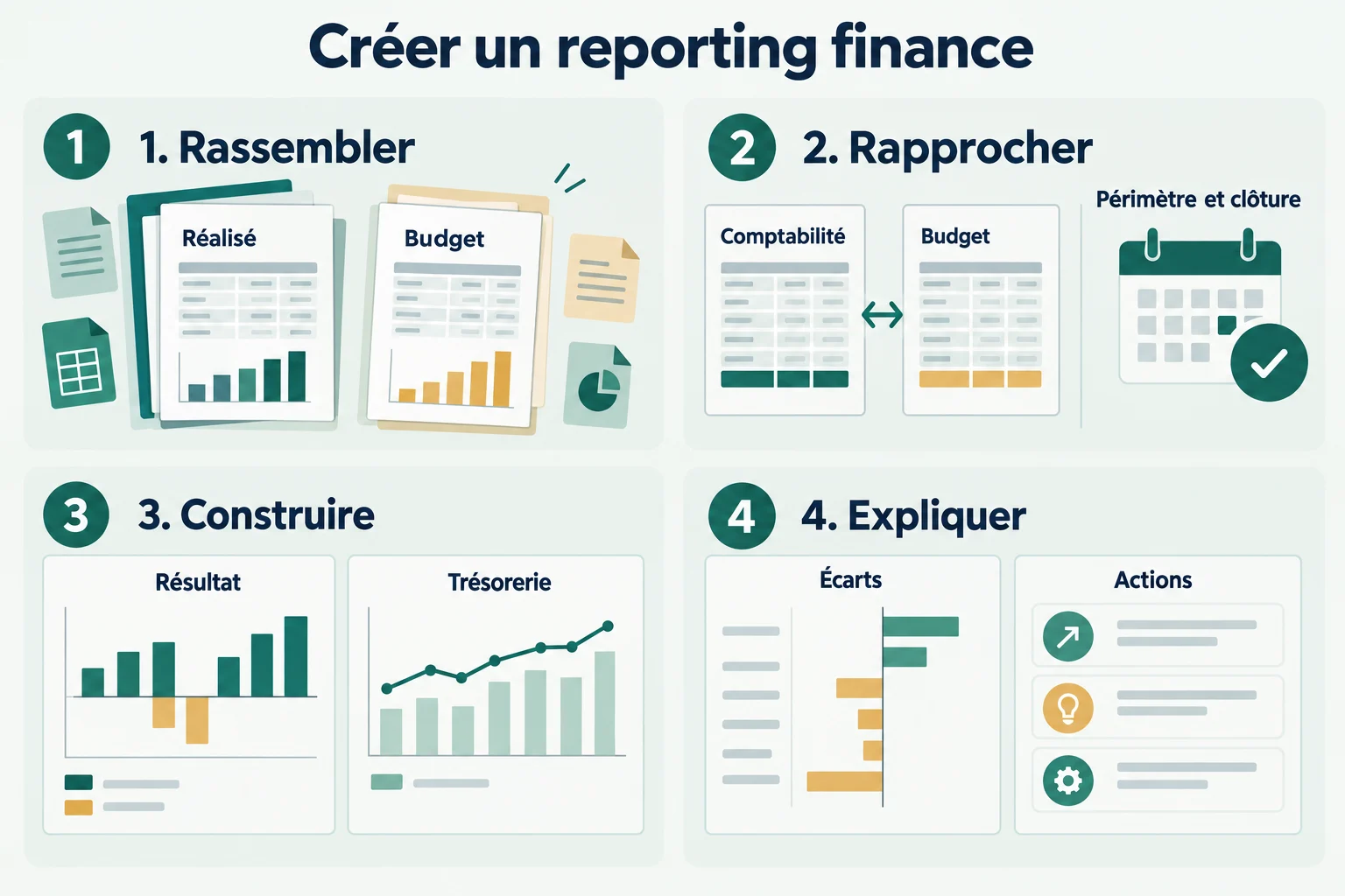 Créer un reporting finance : rassembler, rapprocher, construire, expliquer. Illustration pédagogique générée par IA.