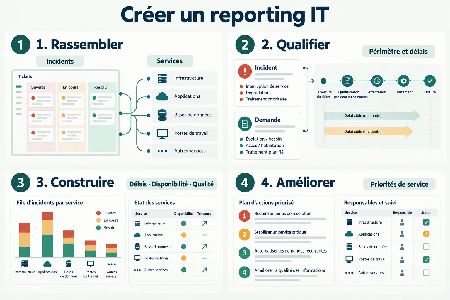 Créer un reporting it : rassembler, qualifier, construire, améliorer. Illustration pédagogique générée par IA.