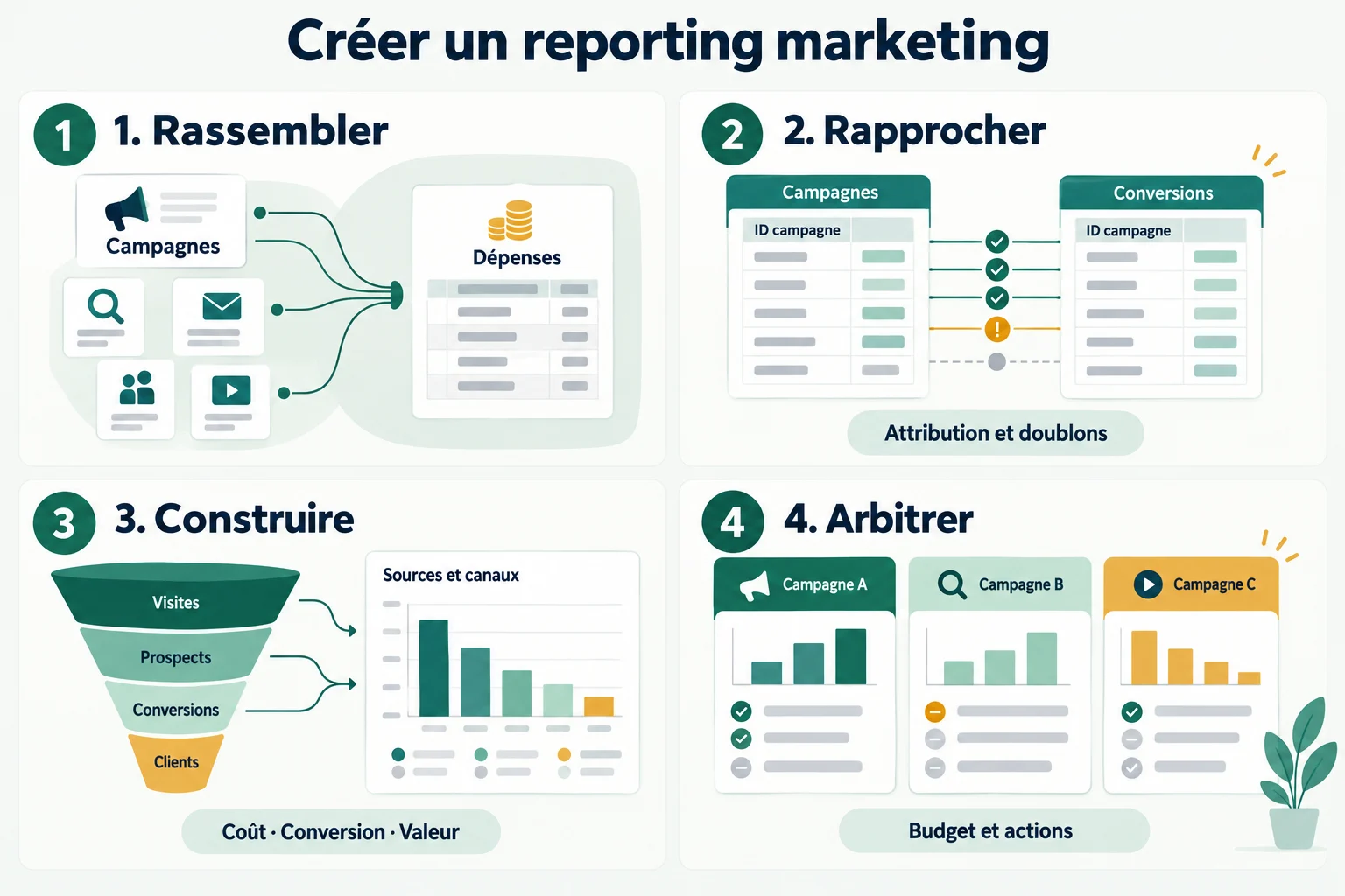 Créer un reporting marketing : rassembler, rapprocher, construire, arbitrer. Illustration pédagogique générée par IA.