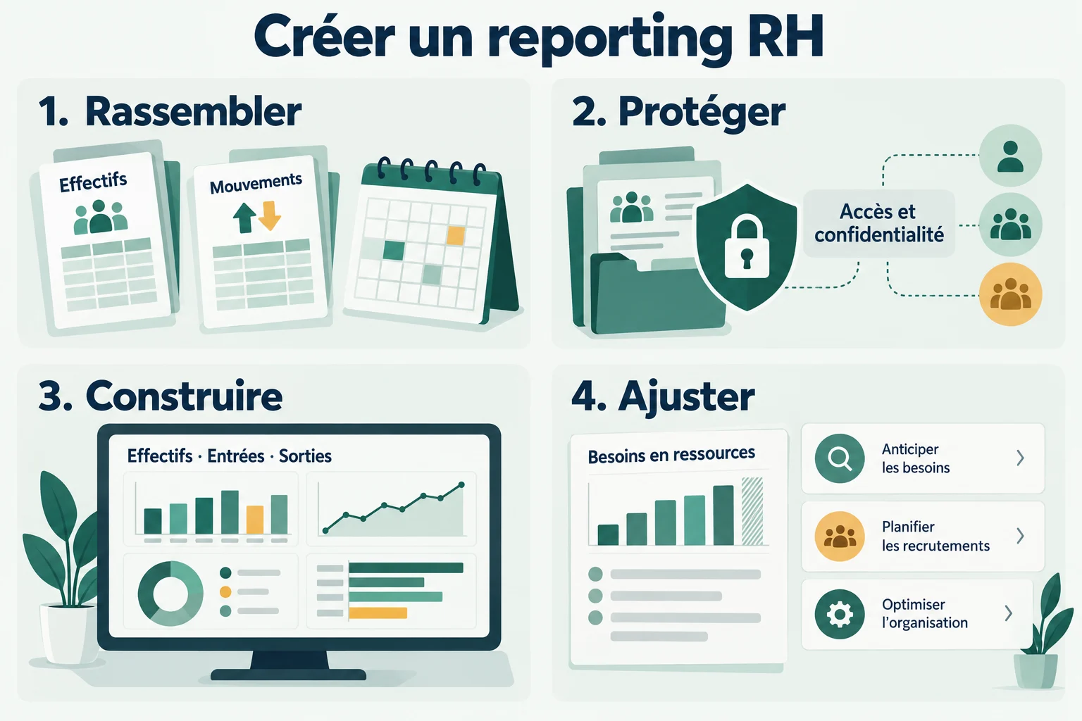 Créer un reporting ressources humaines : rassembler, protéger, construire, ajuster. Illustration pédagogique générée par IA.